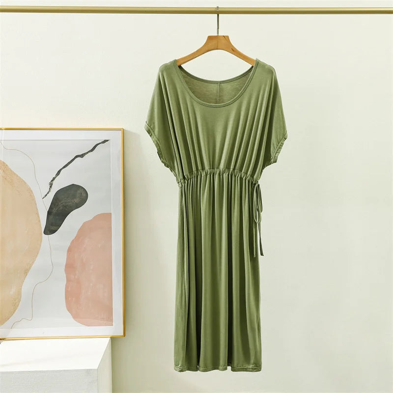 Modal Mid Length Long Dress Loose Elastic Pleated Nightdress Short Sleeved Summer Sleepwear Women Comfortable Ladies Nightgowns