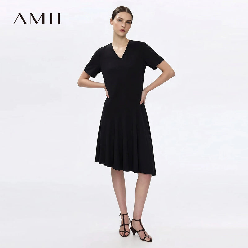 Amii Midi Dress Woman 2026 Summer New V Neck Loose Fit Asymmetric Hem Simple Office Casual Short Sleeve Dress For Women 12622137