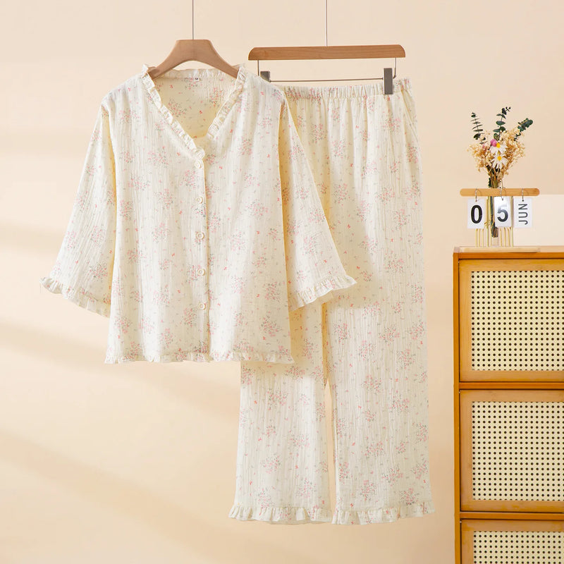 Floral Sleepwear 100% Cotton Women's Pajamas 2 Piece Sets V-neck Button Down Trousers Lounge Wear Spring Autumn Soft Nightwear