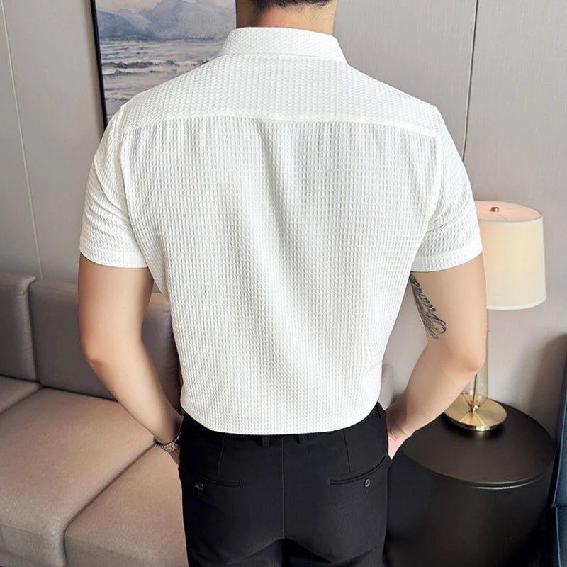 Thin Waffle Shirt, Non-Ironing Business Slim Shirt, Men's Short Sleeve Shirt Brown，Exquisite Business Short-Sleeved Shirt