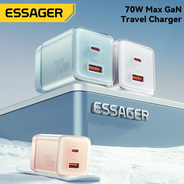 ឆ្នាំងសាក Essager 70W GaN ប្រភេទ C សម្រាប់ iPhone 16 15 14 Pro Max MacBook QC4.0 PD3.0 PPS 45W ឆ្នាំងសាកសាកលឿនសម្រាប់ Samsung Travel