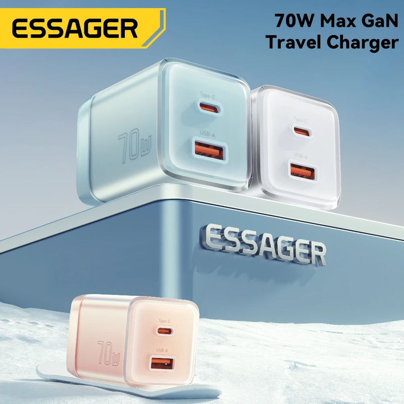 ឆ្នាំងសាក Essager 70W GaN ប្រភេទ C សម្រាប់ iPhone 16 15 14 Pro Max MacBook QC4.0 PD3.0 PPS 45W ឆ្នាំងសាកសាកលឿនសម្រាប់ Samsung Travel