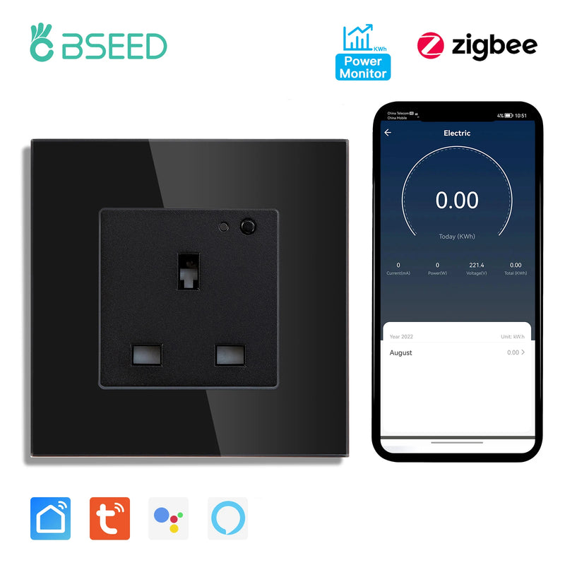 BSEED UK Standard Zigbee Power Monitor Socket Smart Double Electric Power Outlets Tuya Smart Iife Google Home Control 13A