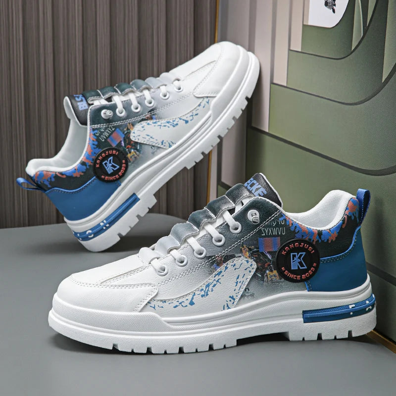 Mens Skateboard Shoes 2025 New Street Trendy Comfort Flat Outdoor Leisure Sneakers Leather Casual Lace-up Walking Shoes for Men