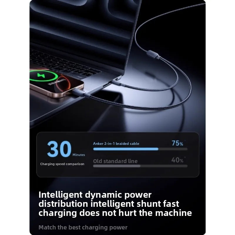 ខ្សែសាកទិន្នន័យ ANKER 2in1 USB-C ទៅ USB-C Braided 140W ក្បាលពីរ សាកថ្មលឿន ថាមពលខ្ពស់-A8895 ស័ក្តិសមសម្រាប់ iPhone16/PC/iPad Android