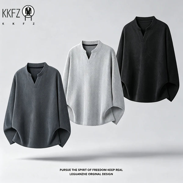 Mens Casual Loose Long Sleeve Top Notched V Neck Herringbone Jacquard Pattern Breathable Fabric Daily Wear