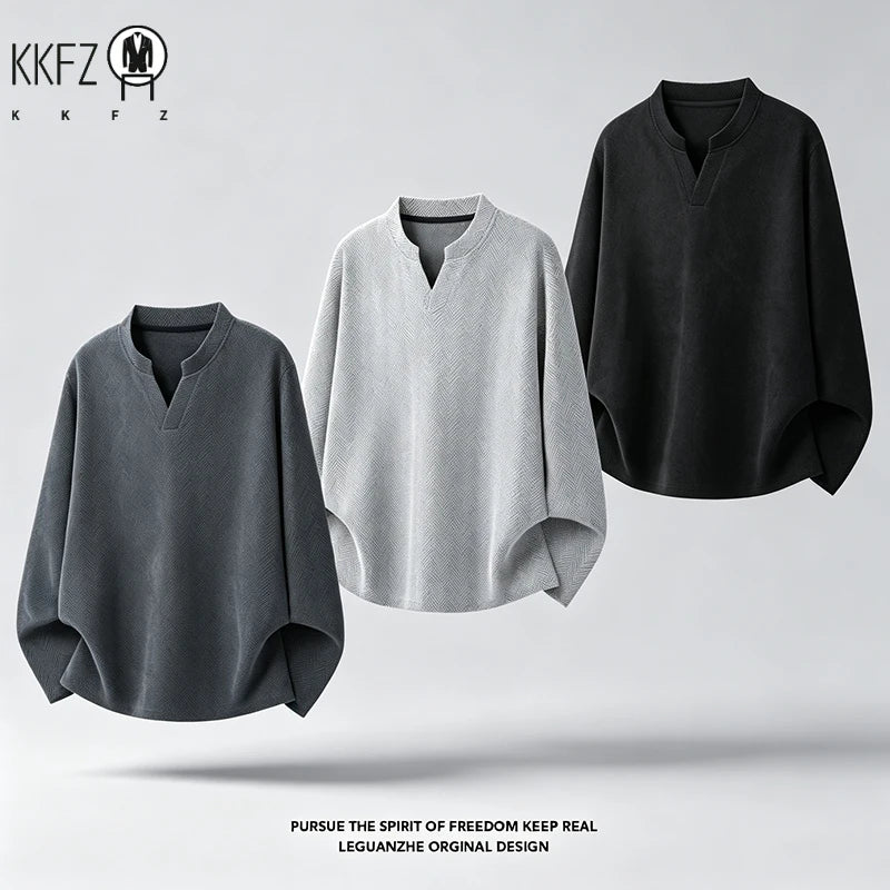 Mens Casual Loose Long Sleeve Top Notched V Neck Herringbone Jacquard Pattern Breathable Fabric Daily Wear
