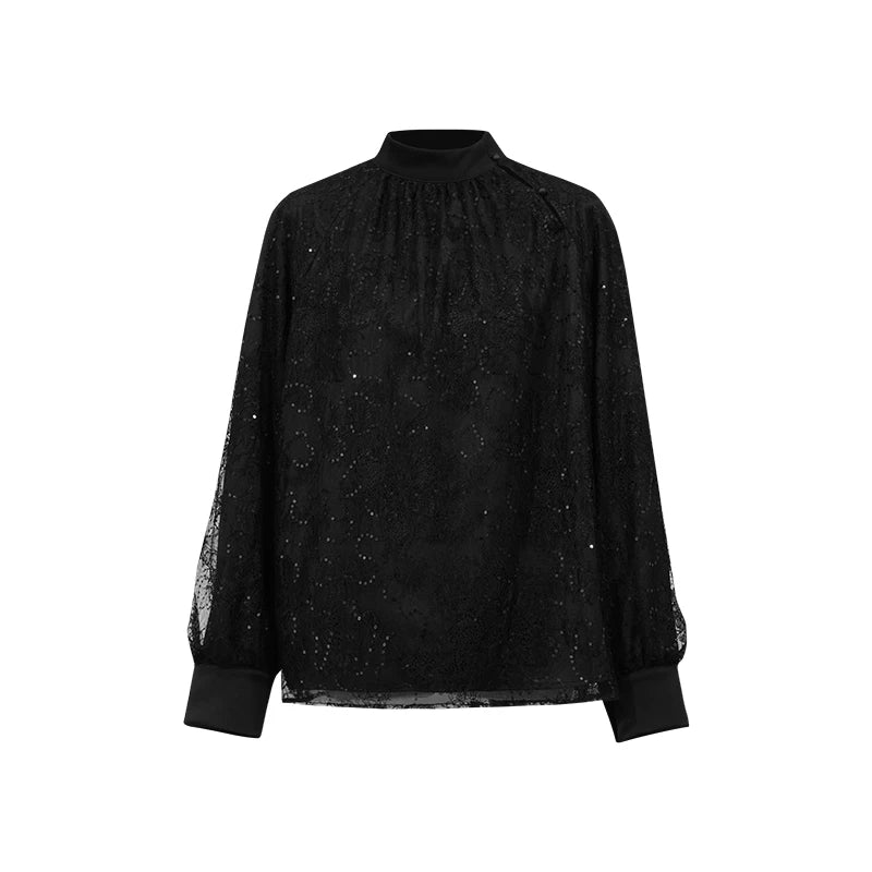 Amii Women Shirt Loose Fit Stand Collar Sequin Lace Raglan Sleeves Casual Office 2026 Autumn New Elegant Women Tops 12643029