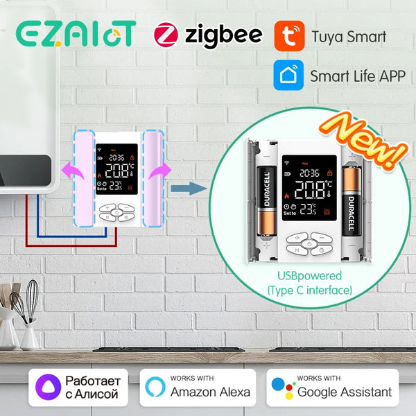 ឧបករណ៍បញ្ជាសីតុណ្ហភាព ZigBee ដំណើរការដោយថ្មសម្រាប់ឡចំហាយទឹក ហ្គាស ឆ្លាតវៃ Tuya WiFi ឧបករណ៍បញ្ជាសីតុណ្ហភាពឥតខ្សែ សំឡេង Alexa, Google Home