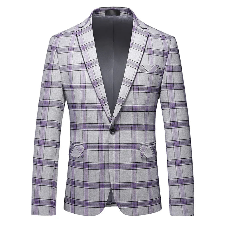 Men's Black White Plaid Long Sleeve Blazers, Fashion Slim Fit Suit Jacket, Wedding Party Tops Coat, Asian Size M6XL