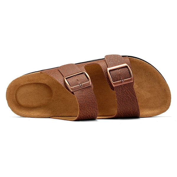 Leather Mens Cork Slippers Adjustable Double Buckles Comfort Clogs Soft Health Footbed Men Women Leopard Print Sandals