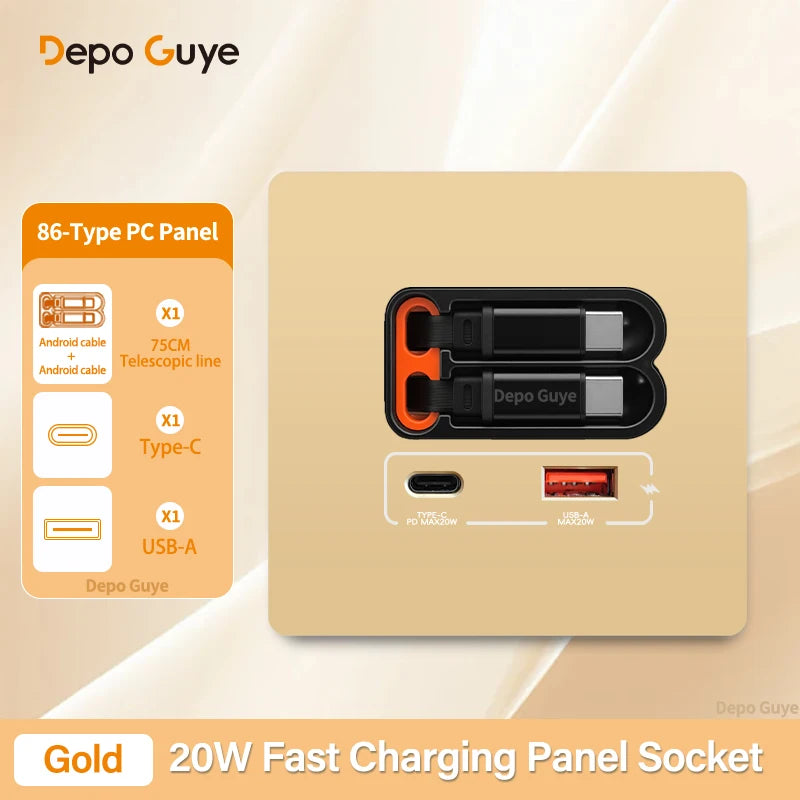 EU Universal 20W USB C Smart Wall Socket Panel Dual Type-C Fast Charge Ports Mobile Phone Charging Outlet