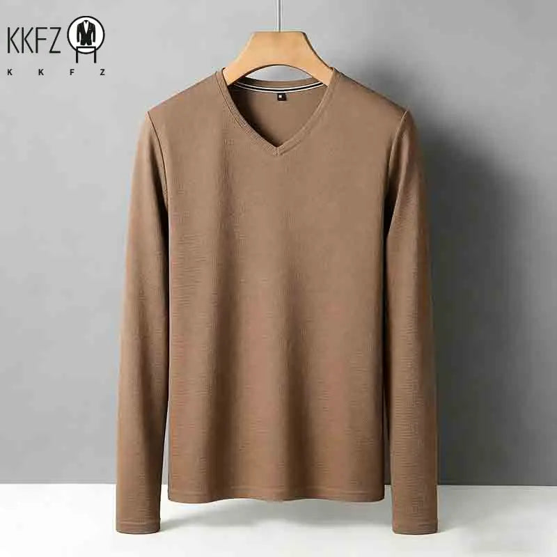 Men's Tan V-neck Long Sleeve Knit Top Classic Solid Color Everyday Outfit for All Ages