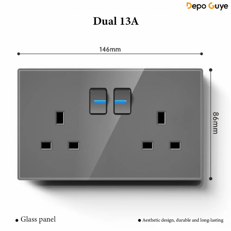 Grey Tempered Glass UK Standard 13A Wall Switch Socket with LED USB Type-C TV CAT6 Data Outlet British Electrical Wall Panel