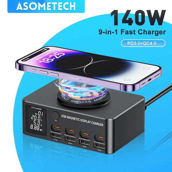 ស្ថានីយសាកថ្មឥតខ្សែលឿន 140W Multi USB-C ជាមួយអេក្រង់ LED PD QC 3.0 សាកថ្មលឿនសម្រាប់ iPhone 14 13 Samsung Xiaomi