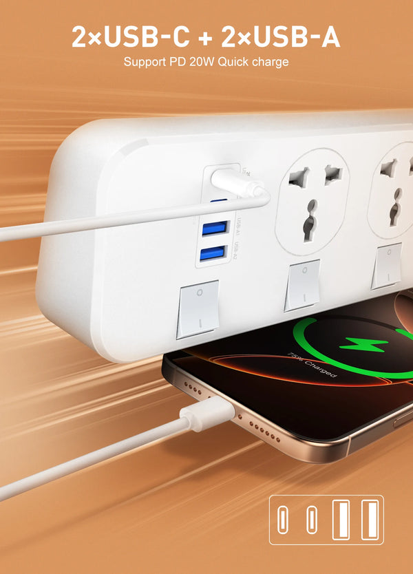 ឌុយភ្លើង V2.0 ខ្សែភ្លើងបន្ថែមទំហំ 6.5 ហ្វីត/2 ម៉ែត្រ ឧបករណ៍ការពារការកើនឡើងនៃចរន្តអគ្គិសនី មានរន្ធដោត AC ចំនួន 4 រន្ធ USB C ចំនួន 2 រន្ធសាកថ្ម USB A ចំនួន 2 កុងតាក់សម្រាប់ដោតចក្រភពអង់គ្លេស សហរដ្ឋអាមេរិក និងសហភាពអឺរ៉ុប