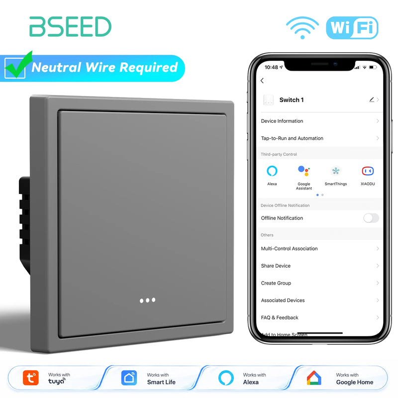 BSEED E Series 1/2/3/4Gang 2Way WIFI Light Switch Smart Click Button Switch Plastic With EU Power Socket Tuya Smart Life Control