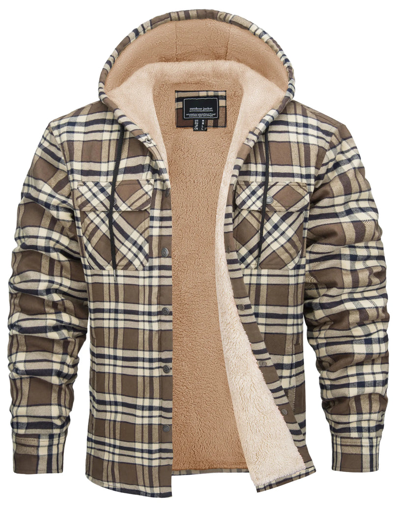 TACVASEN Mens Sherpa Lined Flannel Hoodies Jacket Heavyweight Hooded Fleece Thicken Warm Button Down Plaid Jacket Outwear Coats
