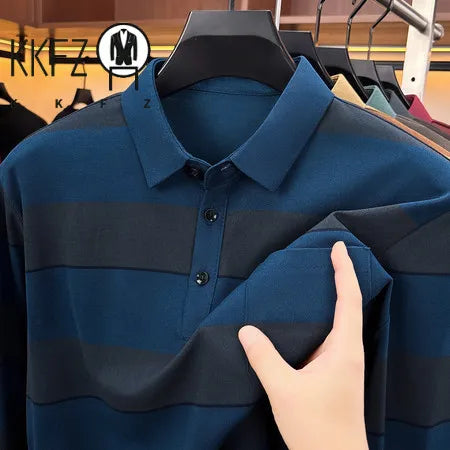 Autumn Basic Long Sleeve Polo Men Turn Down Collar Stripe Pattern Material Easy Matching Daily Commute Apparel
