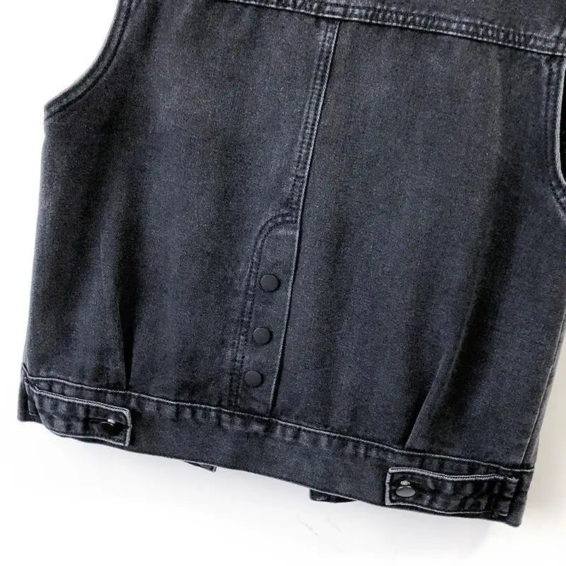 Fashion Sequined Large Size Denim Women's Vest Jacket Korean Version Sister Spring Autumn Short Waistcoat Buttons Pockets Top