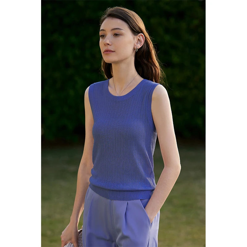 AMII Minimalism 2026 Summer New Woman Clothing Sleeveless O Neck Office Lady Knitted Female Chic Straight Camisole&Vest 72322002