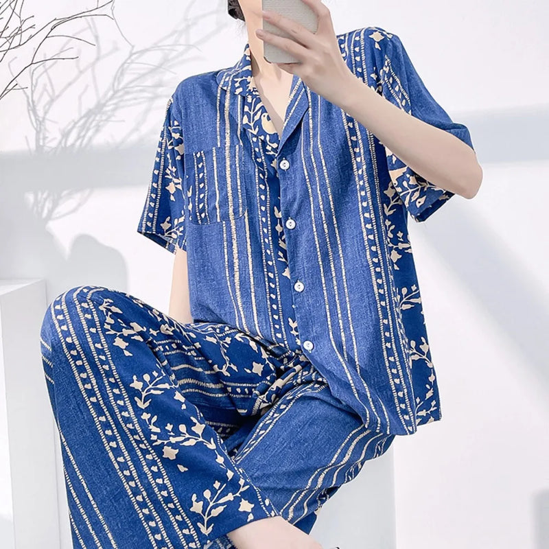 Floral Pajamas Woman Summer Night Wear Ladies 2 Piece Pijama Cardigan Lapel Short Sleeve Homewear Loungewear Home Suit 2026 New