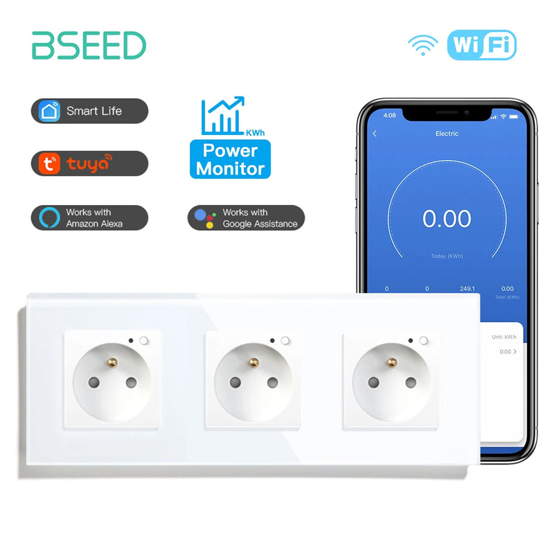 BSEED French Standard Electrical Wifi Smart Socket French Type Power Monitor Timing Function Tuya Alexa Wireless Control 16A
