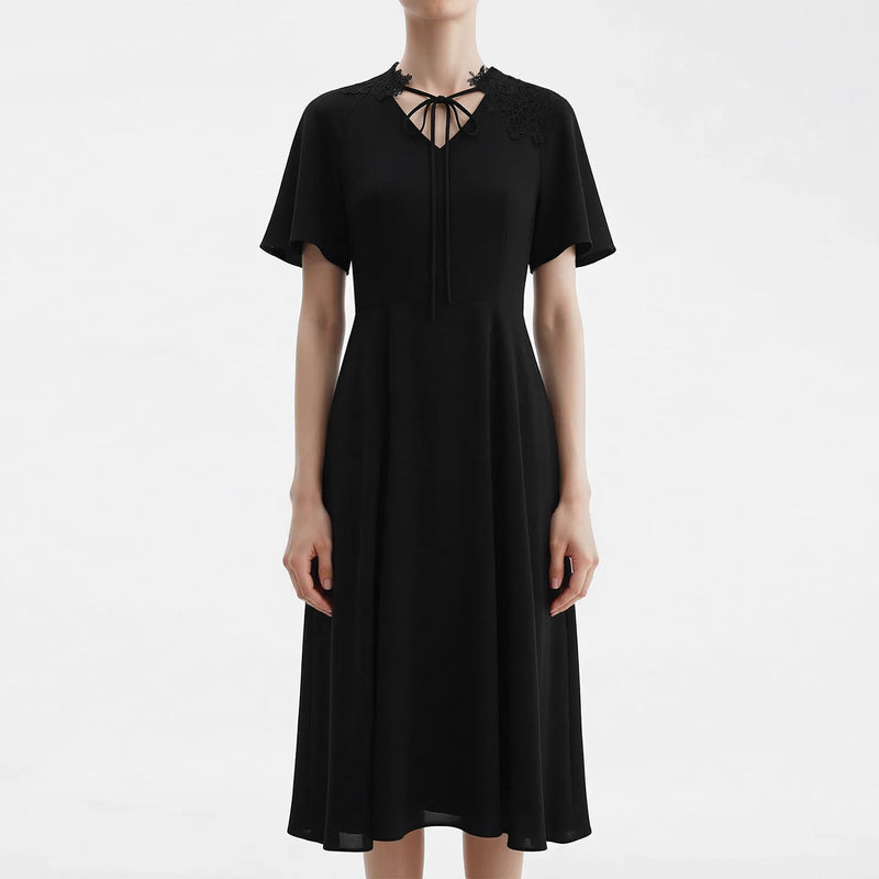 Amii Womens Dresses 2026 Summer New V-Neck Short Sleeve Chiffon Midi Dress Holiday Casual Lace Patchwork Woman Clothes 12622143