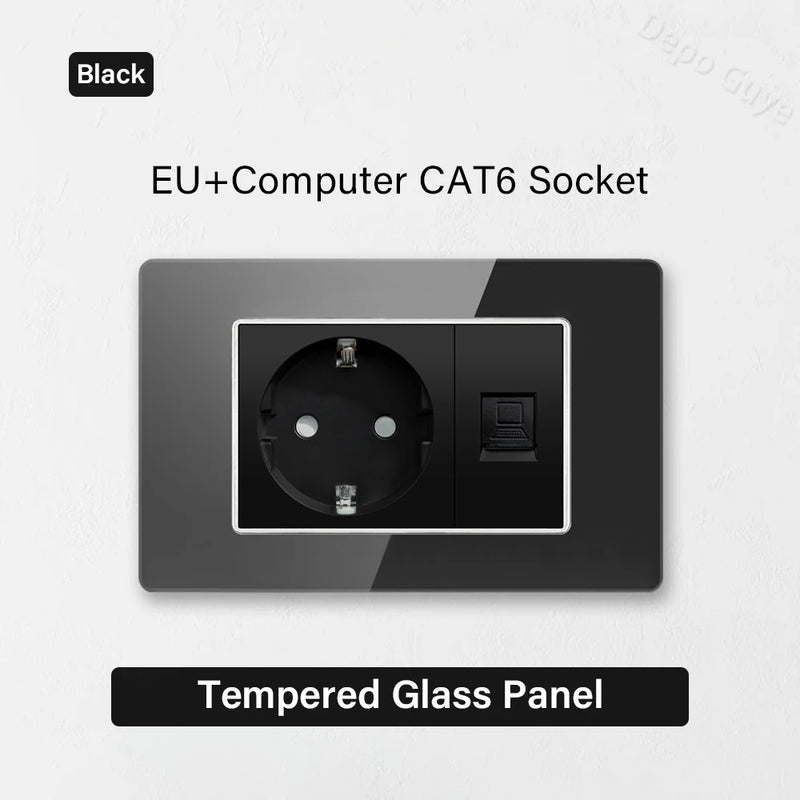 Type 118 Black Tempered Glass Panel EU Wall Light Switch,Europe Wall Socket With USB Type-c 18W Quick Charge Outlet 118*75mm