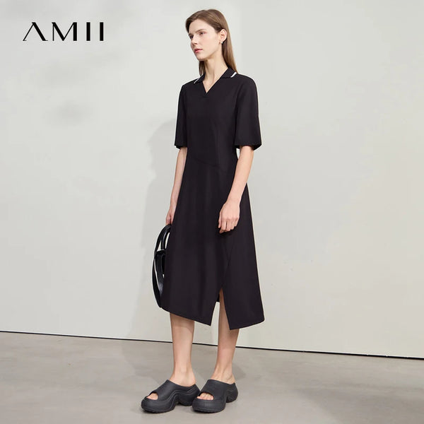 រ៉ូប Amii Minimalism រដូវក្តៅឆ្នាំ ២០២៥ រ៉ូបនារីថ្មី ក V ដៃអាវខ្លី ចង្កេះប៉ាក់ រ៉ូបការិយាល័យស្គមស្គាំង 12542166