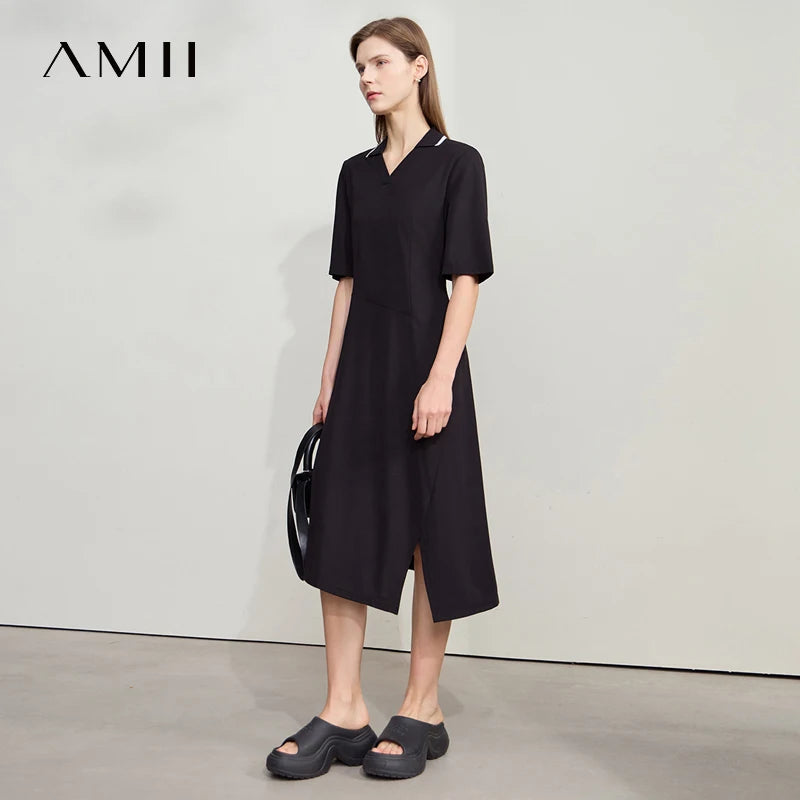 រ៉ូប Amii Minimalism រដូវក្តៅឆ្នាំ ២០២៥ រ៉ូបនារីថ្មី ក V ដៃអាវខ្លី ចង្កេះប៉ាក់ រ៉ូបការិយាល័យស្គមស្គាំង 12542166