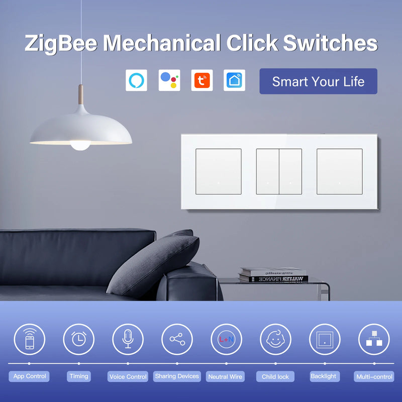 BSEED 1/2/3Gang 2Way Zigbee Light Switch With EU Wall Socket Smart Click Button Switch Glass Panel Tuya Smart Life Alexa Control