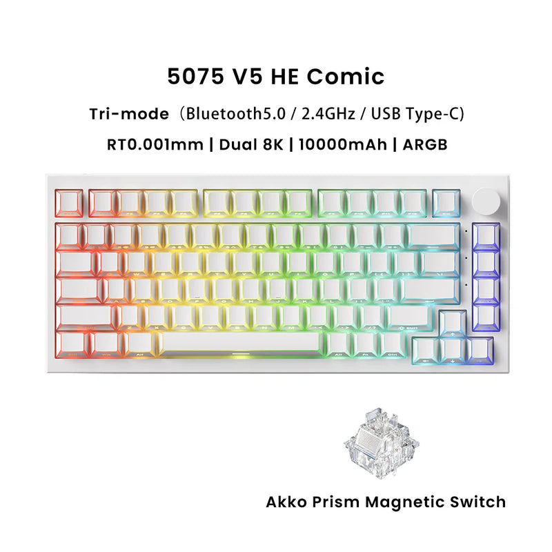 Akko Hall Effect Magnetic Keyboard 5075 V5 75% RT0.001mm 8K USB Type-C/2.4g&BT5.0 Wireless ARGB Custom Gamer Keyboard Gasket