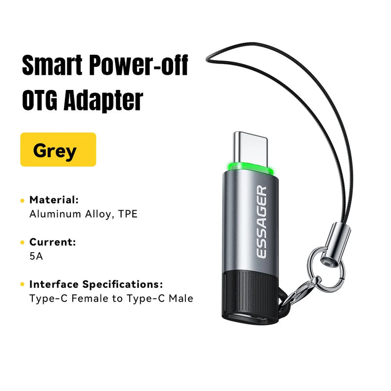 អាដាប់ទ័រ OTG បិទឆ្លាតវៃ Essager 100W 5A ប្រភេទ C ឧបករណ៍ភ្ជាប់ OTG ជាមួយខ្សែសម្រាប់ iPhone 17 16 15 ទូរស័ព្ទ Android ថេប្លេតកុំព្យូទ័រយួរដៃ