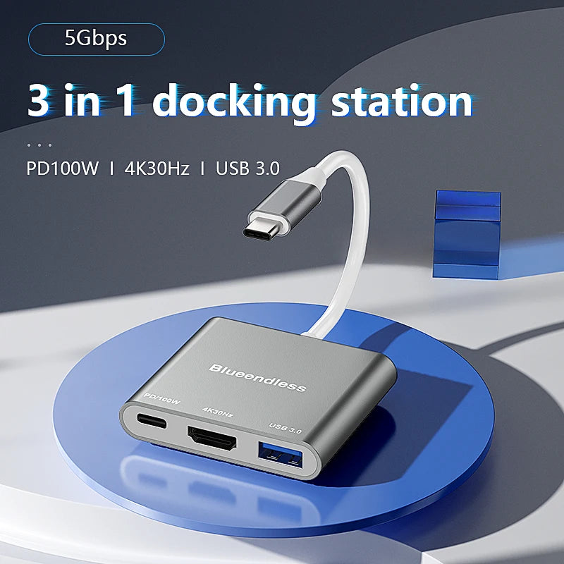 Blueendless 3 ក្នុង 1 USB C hub ប្រភេទ C ទៅ HDMI-Compatible Adapter Type-C ទៅ USB 3.0 Charging Converter សម្រាប់កុំព្យូទ័រយួរដៃ Macbook
