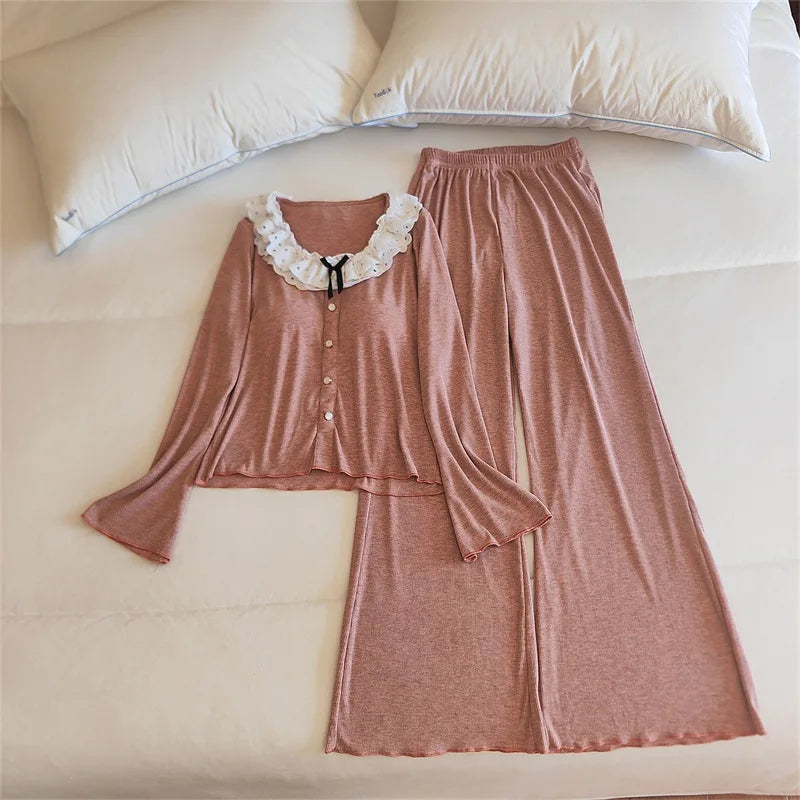 Chest Pads 2-Piece Pajamas for Women's Spring Autumn Long Sleeve Trousers Pijama Sleepwear Nightwear Woman Comfort for Homewear