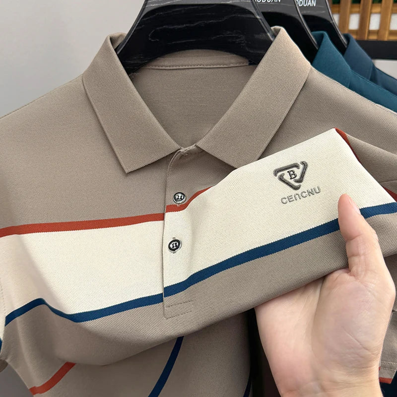 High Quality Man Short-Sleeved Polo Shirt Lapel Button Stripe Letter Print British Style Summer New T-Shirt Business Men's Wear