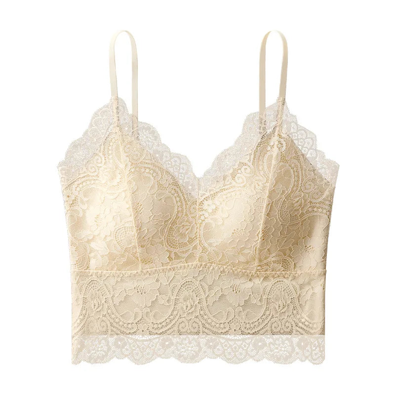 French Sexy Lace Chest Pad Suspender Top Beautiful Back Integrated Bra Bottom Vest for Women One Piece Pajamas Underwear