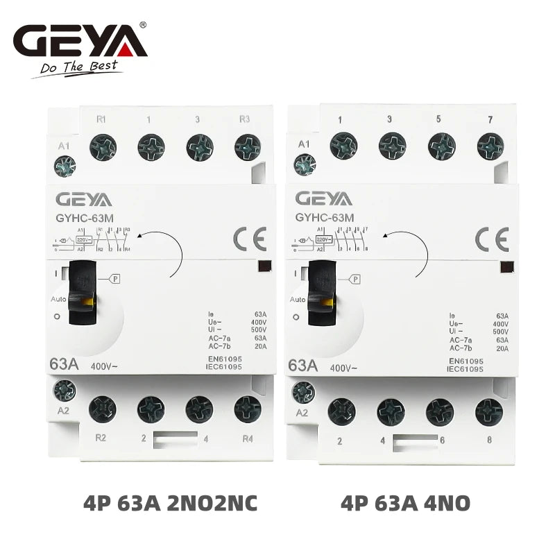 កុងតាក់ AC បញ្ជាដោយដៃ GEYA 2P 4P 25A 63A 220V/230V 50/60Hz Din Rail សម្រាប់ប្រើប្រាស់ក្នុងផ្ទះ កុងតាក់ AC ម៉ូឌុល 2NO 2NC 4NO