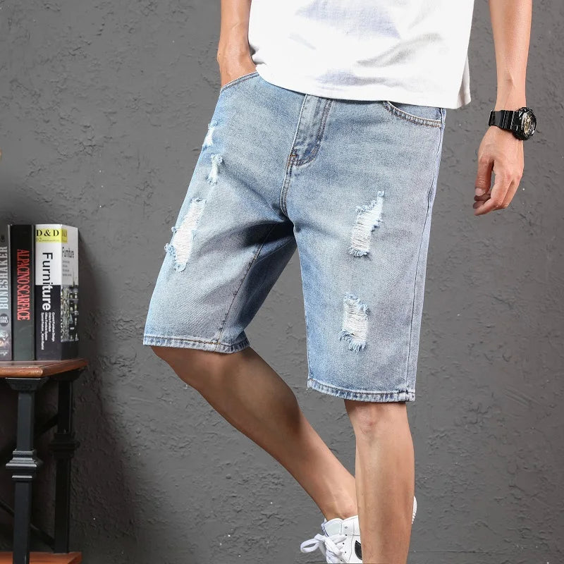 2026 New Men's Blue Hole Denim Shorts, Summer Casual Jeans Shorts Asian Sizes 28-36 38 40