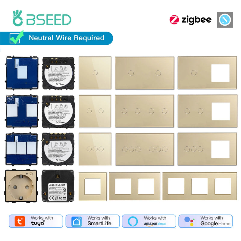 BSEED 1/2/3Gang Zigbee Touch Switch Part Glass Panel Smart Dimmer Curtain Switch DIY Part Zigbee Socket Parts With Neutral Line