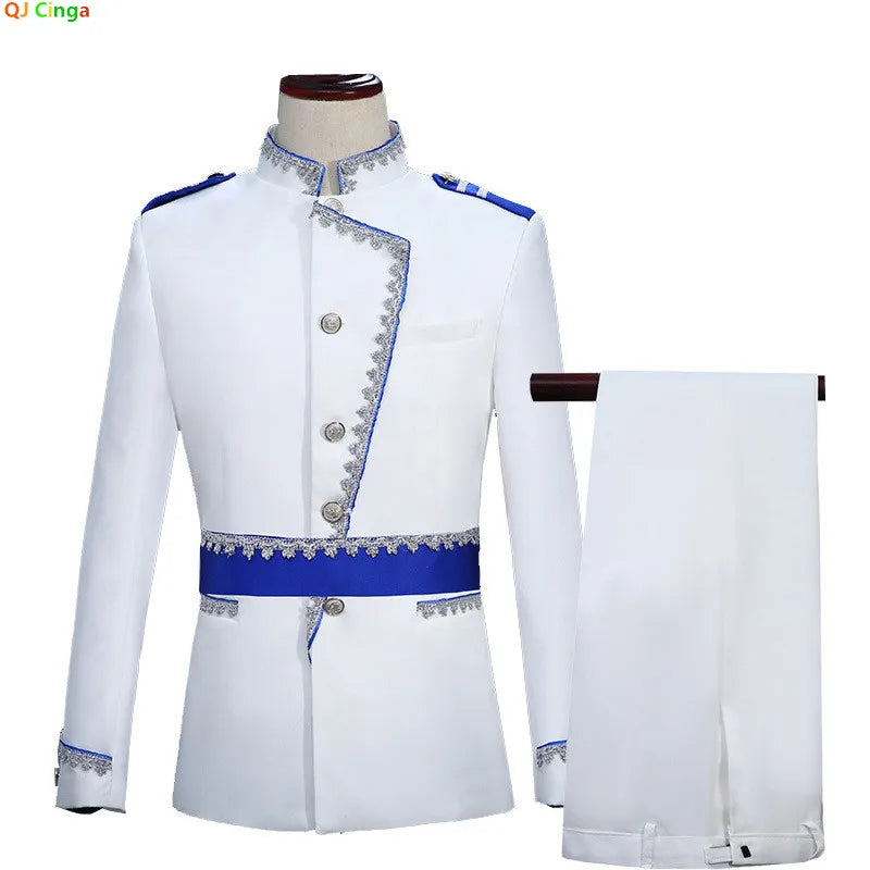 European-style Men's White Court-inspired Two-piece Suit, Suitable for Emcees, Stage Performances, and Prince-themed Costumes.