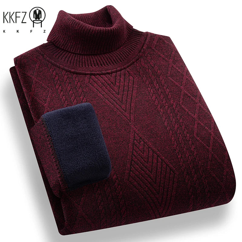 Stretch Turtleneck Male Knitted Pullover Embossed Twist Rhombus Pattern Fleece Lined Cold Proof Casual Long Sleeve Top