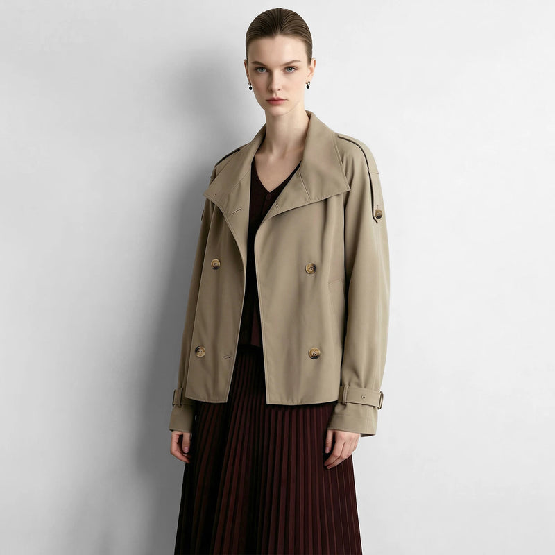 Amii Women's Cropped Trench Coat Cotton Stand Collar Double Breasted Raglan Sleeve Jacket Casual Outerwear Windbreaker 12623100