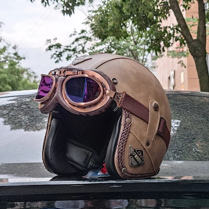 High quality PU leather retro 3/4 motorcycle helmet, suitable for scooters, cruising motorcycles, and half helmets
