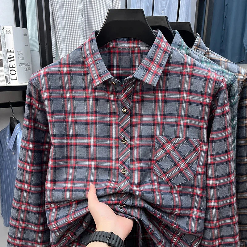 Men's Lapel Collar Plaid Shirt Long Sleeve Breathable Fabric Comfortable Lightweight Casual Business Daily Wear