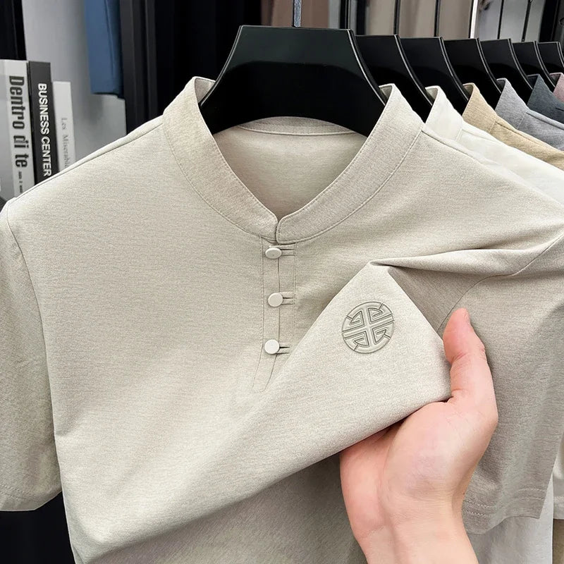 Mens Casual Short Sleeve Henley Shirt Mandarin Collar Frog Button Chinese Style Embroidered Summer Top