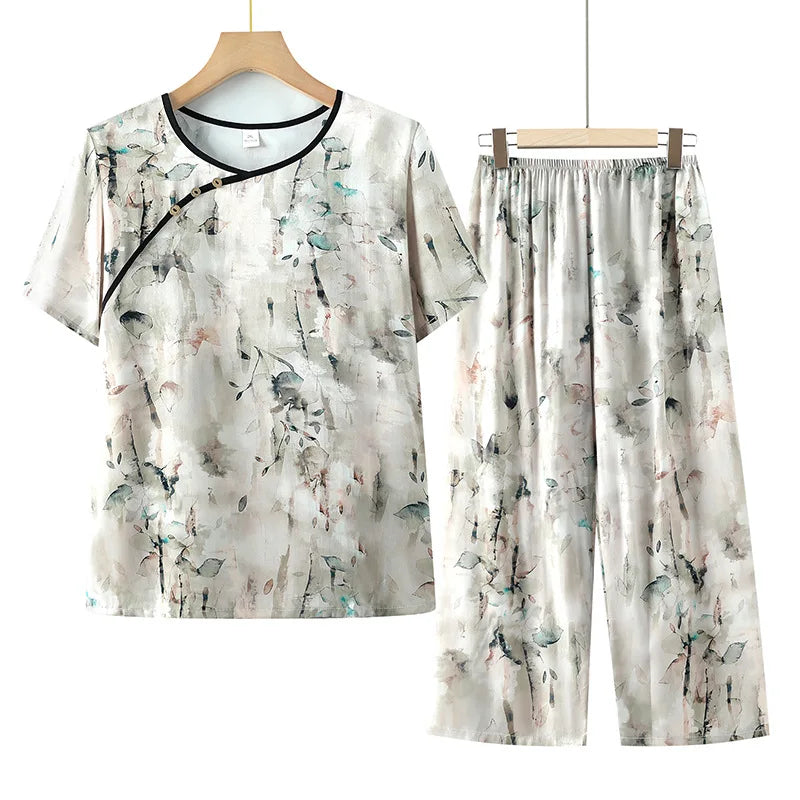 Thin Middle-aged Summer Pajama Set Floral Night Wear for Ladies Sleepwear Loose Soft Short Sleeve Nightwear for Woman Pijama