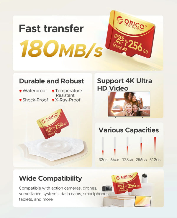 ORICO 256GB Micro SD microSDXC R/W Up to180MB/s Full HD and 4K UHD C10, U3, V30, 4K, A2 for Camera Drone Dash Cam
