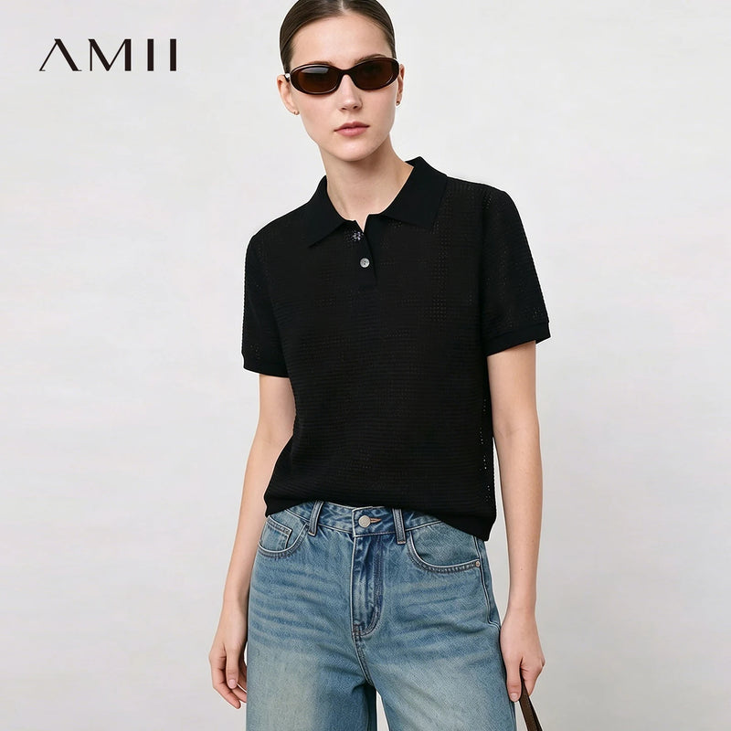 Amii Women's Knit Top 2026 Summer New Lapel Collar Half Placket Loose Sweater Casual Short Cropped Pullover For Women 12642134